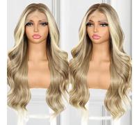 BABEHERS Parrucca frontale in pizzo biondo cenere 13 x 4 Pre pizzicata Omber parrucca sintetica lunga per donne onda del corpo densità 150% capelli resistenti al calore 66 pollici uso quotidiano per
