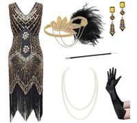 BABEYOND Abiti da donna anni '20 con scollo a V e frange e perline abito Grande Gatsby, Set - Oro - 2, M