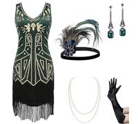 BABEYOND Abiti Flapper Donna Anni '20 Scollo a V Perline Abito Grande Gatsby con Frange, Set - Oro Verde Scuro, Small