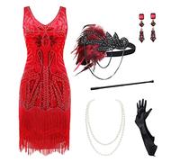 BABEYOND Abiti Flapper Donna Anni '20 Scollo a V Perline Abito Grande Gatsby con Frange, Set - Rosso, Small