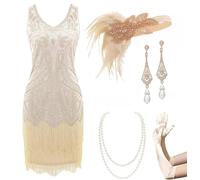 BABEYOND Abiti Stile Flapper da Donna in Stile retrò Anni '20 con Due Strati di Nappe con Scollo a V, Abiti in Costume da Festa a Tema Great Gatsby, Set - Beige, S