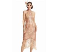 BABEYOND Abito Anni '20 Flapper Lungo con Frange Gatsby Vintage Art Deco Oro Rosa