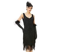 BABEYOND - Abito da donna anni 1920, stile Flapper, nero con fiori, senza maniche, scollo a V, vita alta, ideale per feste di Carnevale e costumi, Taglia M, Nero , S