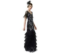 BABEYOND - Abito da Donna Anni 20 con Scollo a V, Abito da Sera con Paillettes e Perline, Maxi Abito per Matrimonio, Colore: Nero e Argento, Nero e Argento., XS