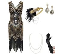 BABEYOND Abito da Donna Anni '20 con Scollo a V e Frange in Rilievo, Set - Oro, Medium