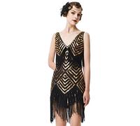 BABEYOND - Abito da donna anni '20, con scollo a V, stile anni '20, stile Grande Gatsby, per feste, Nero e oro., S