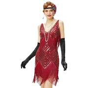 BABEYOND Abito da Donna Anni '20, con Scollo a V, Stile Anni '20, Stile Grande Gatsby, per Feste, Rosso Vinaccia, S