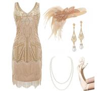 BABEYOND Abito da Donna Anni '20, Scollo a V, con Frange e Perline, Ispirato al Grande Gatsby, con Set di Accessori, XL