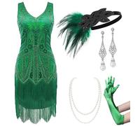 BABEYOND Abito da Donna Anni '20, Scollo a V, con Frange e Perline, Ispirato al Grande Gatsby, con Set di Accessori, XS