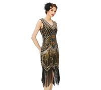 BABEYOND - Abito da Donna, Stile Gatsby Flapper Anni '20, con Scollo a V, Perline e Frange - Oro - XL