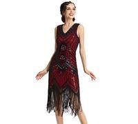 BABEYOND - Abito da Donna, Stile Gatsby Flapper Anni '20, con Scollo a V, Perline e Frange - Rosso - XL