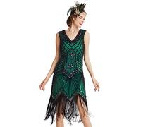 Babeyond - Abito da donna, stile Gatsby Flapper anni '20, con scollo a V, perline e frange - Verde - S