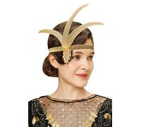 BABEYOND Copricapo vintage anni '20 con piume e perline, accessorio per costume del Grande Gatsby, oro