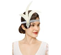 BABEYOND Copricapo vintage anni '20 con piume e perline, accessorio per costume del Grande Gatsby, piuma bianca