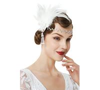 BABEYOND Fascia Anni 20 Gatsby Flapper Headband Fascia Charleston con Piuma Anni 20 Fascia Capelli Gatsby per Festa a Tema Vintage Matrimonio (Argento e Piuma Bianca)