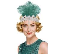BABEYOND Fascia elastica per capelli 1920 con flapper - Gatsby con strass e piume per feste, matrimoni, carnevale, verde blu