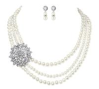 Babeyond perla collana bracciale e orecchini con perle di cristallo spilla Pearl Jewelry Set per le donne 4 file da sposa e Lega, colore: Style 3, cod. US-crystalflowernecklace-7