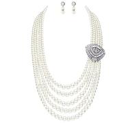 Babeyond perla collana bracciale e orecchini con perle di cristallo spilla Pearl Jewelry Set per le donne 4 file da sposa e Lega, colore: Style 5, cod. US-crystalflowernecklace-8
