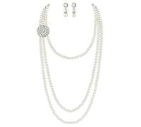 BABEYOND Set di gioielli vintage con perle lunghe stile anni '20, collana multifila con spilla e orecchini, adatto per matrimoni, balli, feste e occasioni festive, Zinco