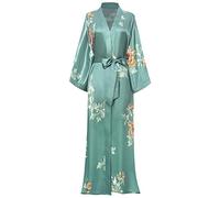 BABEYOND - Vestaglia da donna, molto lunga, in raso, estiva, kimono da spiaggia, motivo floreale, stampato, cardigan da donna, lungo, abito da notte, per pigiama party, 1 argento verde, taglia unica-L