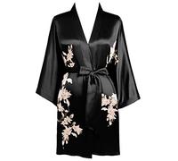 BABEYOND Vestaglia kimono corta in raso con stampa floreale, lunghezza al ginocchio, kimono da donna, per matrimoni, pigiama e feste, Nero , Taglia unica