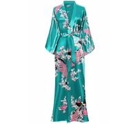 BABEYOND Vestaglia lunga da donna/ragazza in raso, kimono/accappatoio estivo con motivo floreale stampato, per pigiama party, verde scuro, Taglia unica