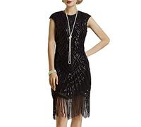 Babeyond, Vestito Charleston da donna, in stile Grande Gatsby, anni '20, con perline e frange, nero, XL