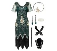 BABEYOND Vestito da donna anni '20 con maniche corte a tema Gatsby, costume da donna, Verde scuro., XL