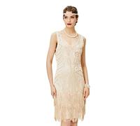 BABEYOND - Vestito da Donna, Stile Gatsby Anni '20, con Scollo a V, Perline e Frange - Beige - XXX-Large
