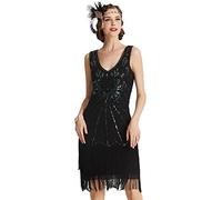 BABEYOND - Vestito da donna, stile Gatsby anni '20, con scollo a V, perline e frange - Nero - S