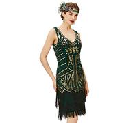 BABEYOND - Vestito da donna, stile Gatsby anni '20, con scollo a V, perline e frange - Nero - XS