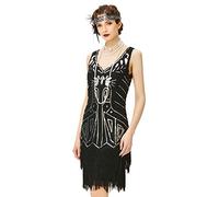 BABEYOND - Vestito da Donna, Stile Gatsby Anni '20, con Scollo a V, Perline e Frange - Nero - XX-Large