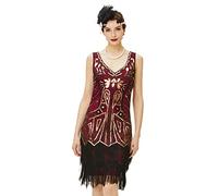 BABEYOND - Vestito da Donna, Stile Gatsby Anni '20, con Scollo a V, Perline e Frange - Rosso - M