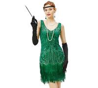 BABEYOND - Vestito da Donna, Stile Gatsby Anni '20, con Scollo a V, Perline e Frange - Verde - XXX-Large