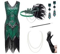 BABEYOND - Vestito da donna, stile Gatsby anni '20, scollo a V, con perline e frange, Verde scuro., M
