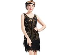 BABEYOND Vestito Gatsby Donne 1920s Vestito Abito Anni 20 Donna Flapper Dress 1920s Vestito da Sera Paillette Impreziosito Frange Gatsby Dress Senza Maniche (Oro Nero 1, L)