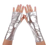 BABIBAOBEI Eleganti guanti senza dita in finta pelle per le donne costume di Halloween abbigliamento casual danza braccio più caldo alla moda nero guanti senza dita da donna, Argento, Taglia unica