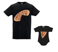 Babloo Coppia di T-Shirt Magliette Papa' E Figlio/Figlia Idea Regalo Festa del Papa' Pizza Slice Nere Uomo M - Bimbo 1 Mese