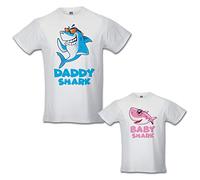 Babloo Coppia di T-Shirt Padre Figlio Daddy Shark And Baby Shark Bianche Femminuccia Uomo S - Bimbo 5-6 Anni