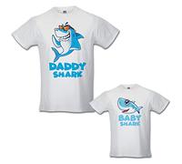 Babloo Coppia di T-Shirt Padre Figlio Daddy Shark And Baby Shark Bianche Maschietto Uomo L - Bimbo 3-4 Anni