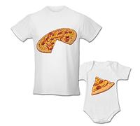 Babloo Kit Coppia di Tshirt Grafica Pizza Padre Figlio Maglia Uomo e Body Neonato Idea Regalo per Il papà (3XL, Bianco)