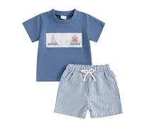 Baby Bambini Estate Pantaloncini Set 2 Pezzi Ricamo Trattore Outfit Baby Trattore Shorts Set Manica Corta Cartoon Trattore Ricamo T-shirt+Plaid Pantaloni Estate Shorts Set (Blu-A, 18-24 Mesi)