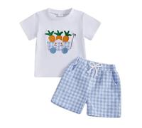 Baby Bambini Estate Pantaloncini Set 2 Pezzi Ricamo Trattore Outfit Baby Trattore Shorts Set Manica Corta Cartoon Trattore Ricamo T-shirt+Plaid Pantaloni Estate Shorts Set (Blu-B, 2-3 Anni)
