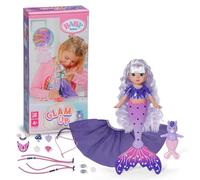 BABY born Glam Up Aura, sirena con lunghi capelli lilla con effetto colore UV, da acconciare con accessori in tessuto e pins, incluso amico animale