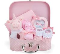 Baby Box Shop Cofanetto nascita per bambina con regali per bambini, con sonaglio per bambini, cornice portafoto in chiffon, bavaglino, paio di calzini e guanti