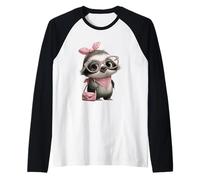 Baby Bradipo Kawaii Jungle Rosa Leopard Occhiali Ritratto Look Maglia con Maniche Raglan