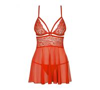 Babydoll Sensuale con Pizzo Piccante e Perizoma (Rosso) - XXL