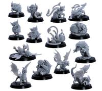 Baby Dragons & Monsters Set DnD in miniatura - 14 Creature Fantasy (Red & White Wyrmling, Owlbears, Bulettes, Phase Panthers) | Miniature epiche | DnD starter set