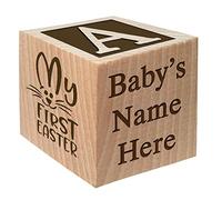 Baby First Easter Gift 2025 - Blocco personalizzato per Pasqua, in legno, con incisione personalizzata, per bambino e ragazza, con immagine a scelta, cestino pasquale, uovo con coniglietto e scritta