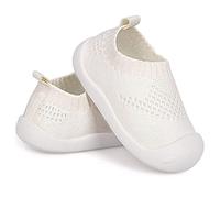 Baby First-Walking - Scarpe per bambini da 1 a 4 anni, suola morbida, in cotone, traspirante, in TPR, materiale slip-on per attività all'aria aperta, bianco, 11.0 cm